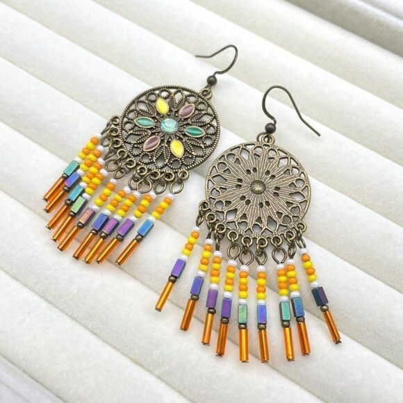 Copper with Green Opal Crystal Enamel Beaded Boho Dream Catcher Hook Earrings - Picture 7 of 9